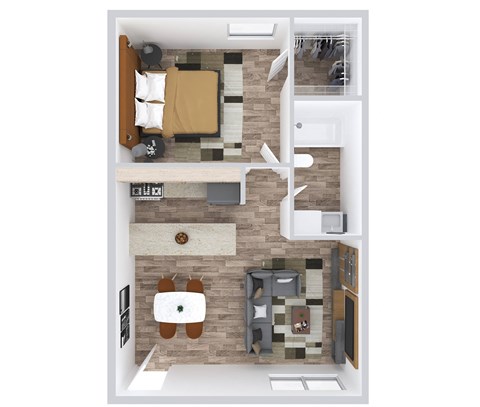 a stylized floor plan with a bedroom and a living room